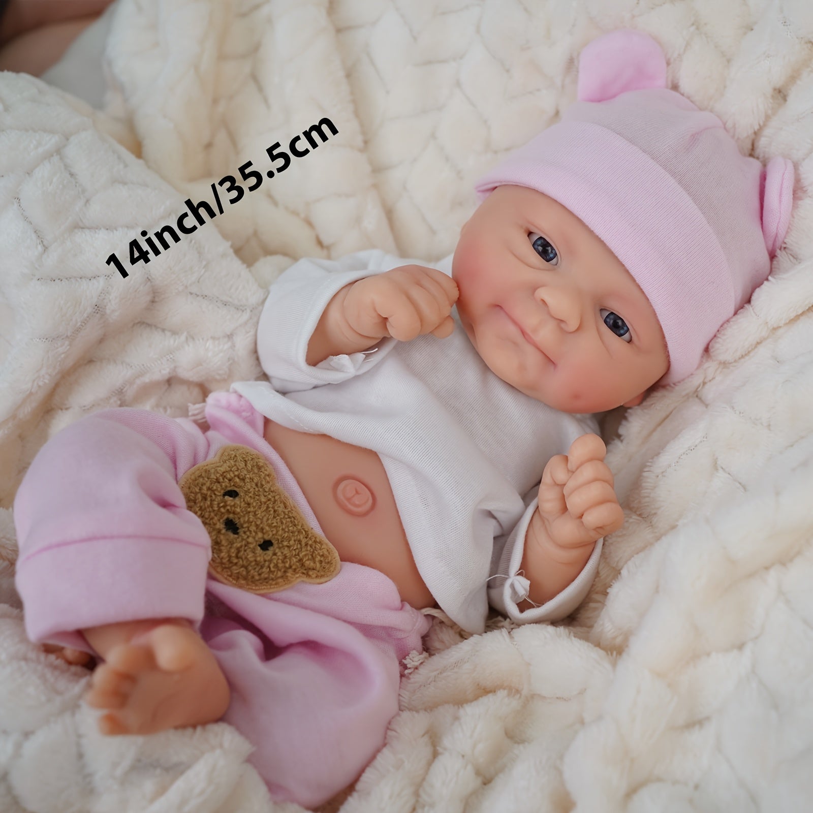 14-Inch Pink Strap Dress Cute Big-Eyed Silicone Reborn Doll for Girls, Handcrafted Painted Soft Solid Reborn Doll Companion, Suitable for Family, Children, Friends, And As a Collectible Gift