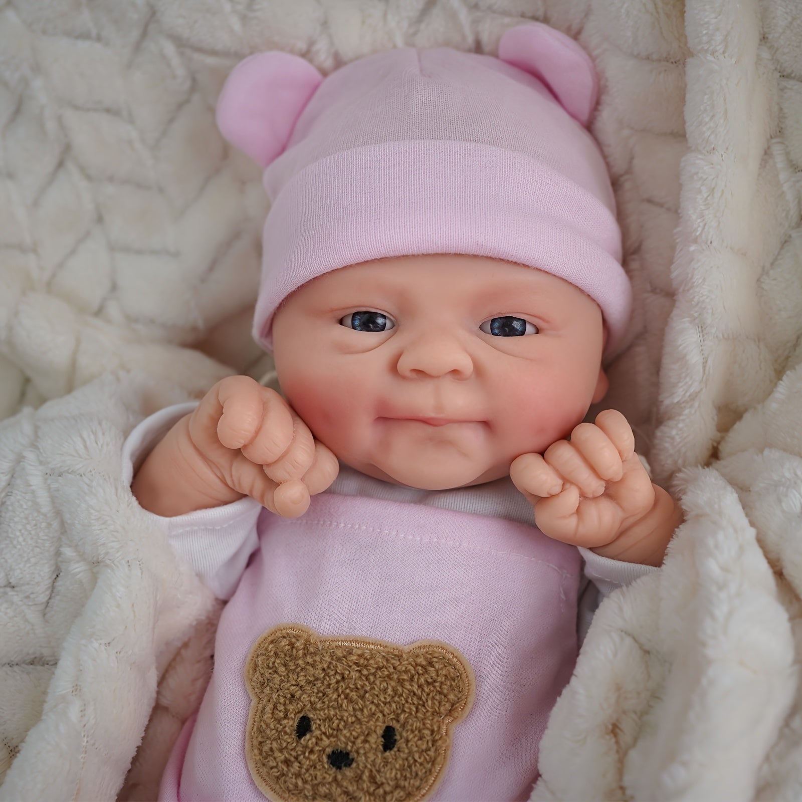 14-Inch Pink Strap Dress Cute Big-Eyed Silicone Reborn Doll for Girls, Handcrafted Painted Soft Solid Reborn Doll Companion, Suitable for Family, Children, Friends, And As a Collectible Gift