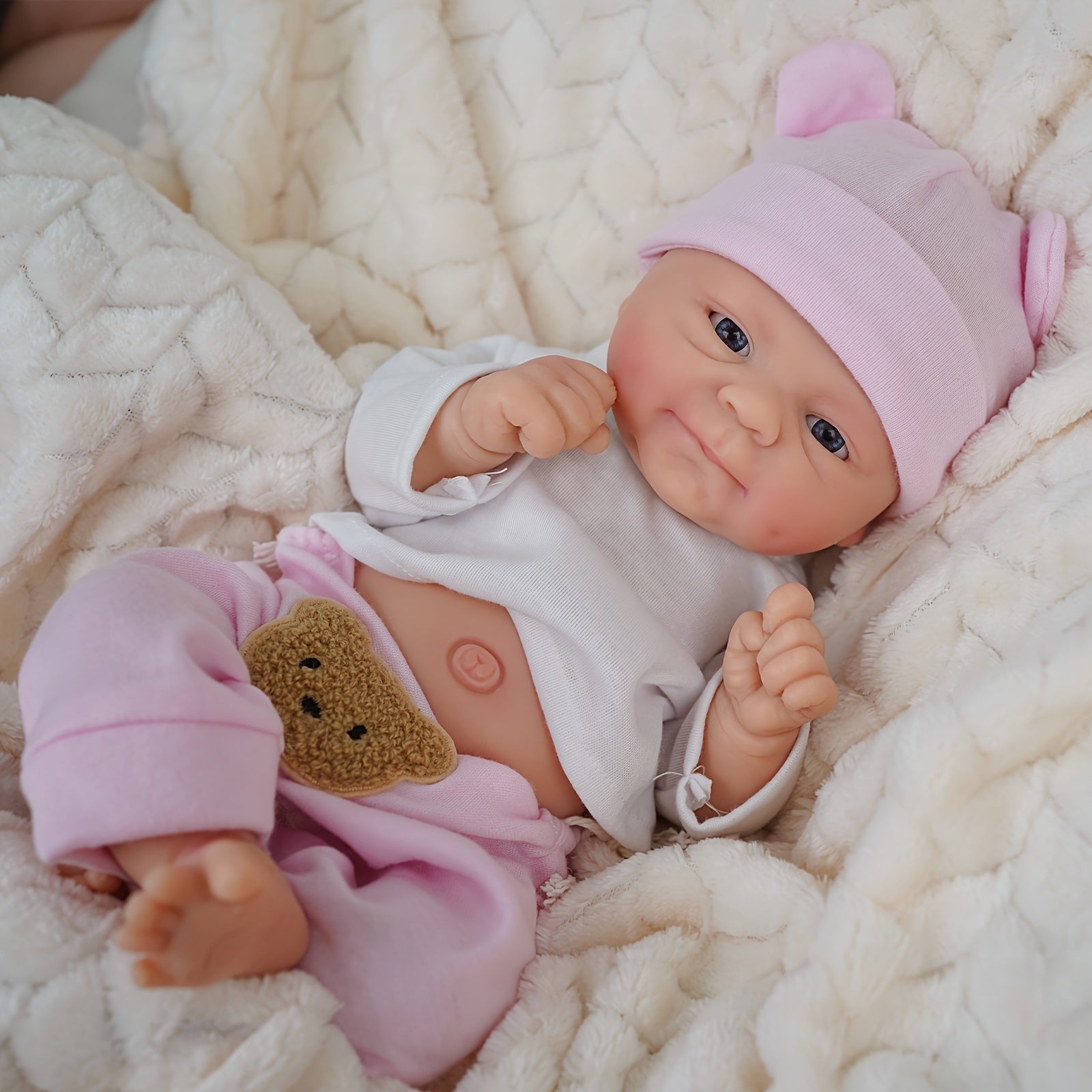 14-Inch Pink Strap Dress Cute Big-Eyed Silicone Reborn Doll for Girls, Handcrafted Painted Soft Solid Reborn Doll Companion, Suitable for Family, Children, Friends, And As a Collectible Gift