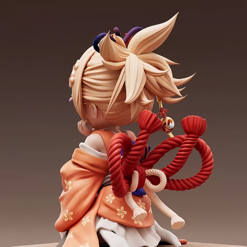 Handmade Anime Figure - Q-Version Smiling Girl in Kimono with Yellow Hair, Kneeling Pose & PVC Resin Collectible Statue Suitable for, Desktop Display, Gift for Gamers and Anime Fans