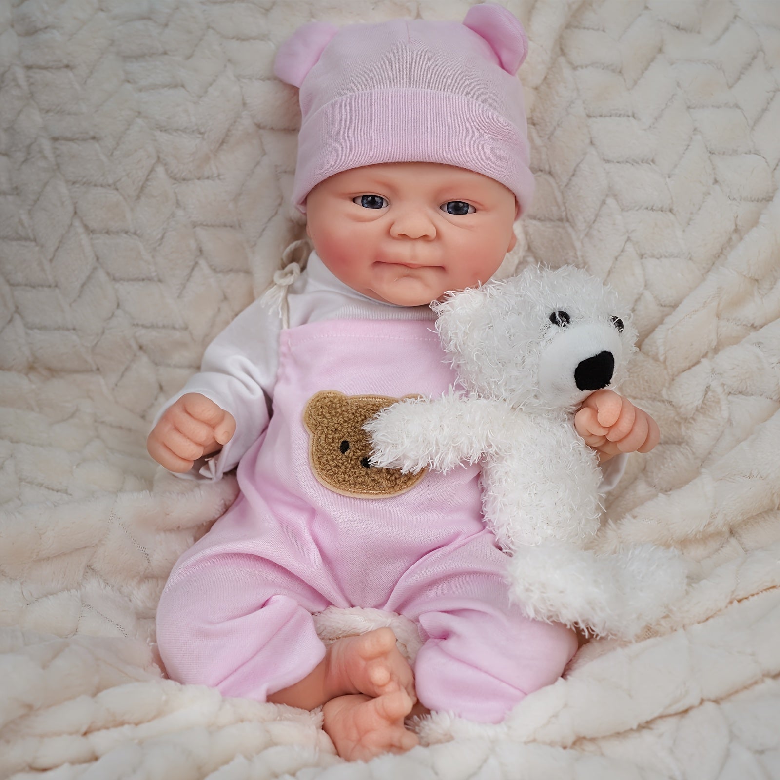 14-Inch Pink Strap Dress Cute Big-Eyed Silicone Reborn Doll for Girls, Handcrafted Painted Soft Solid Reborn Doll Companion, Suitable for Family, Children, Friends, And As a Collectible Gift
