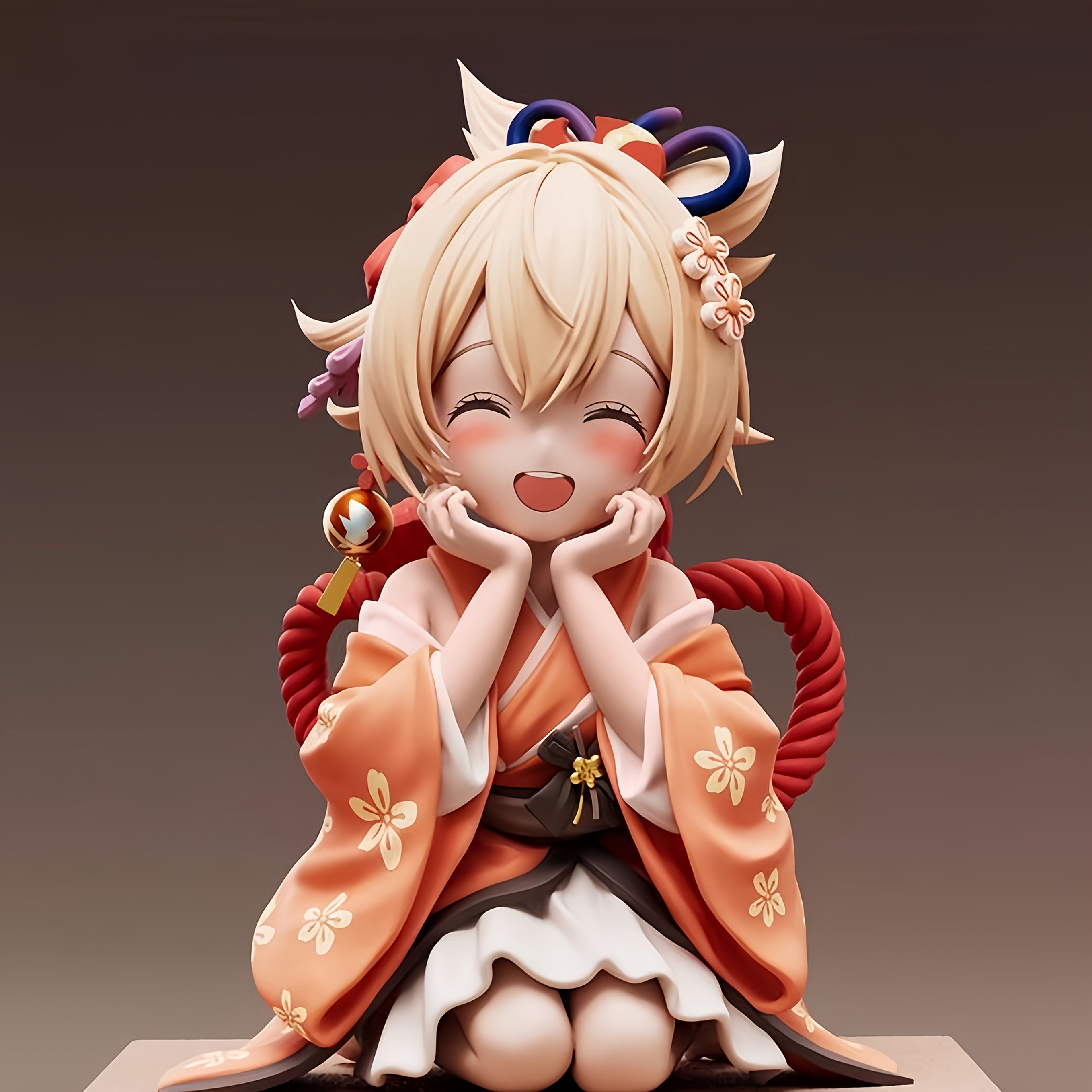 Handmade Anime Figure - Q-Version Smiling Girl in Kimono with Yellow Hair, Kneeling Pose & PVC Resin Collectible Statue Suitable for, Desktop Display, Gift for Gamers and Anime Fans