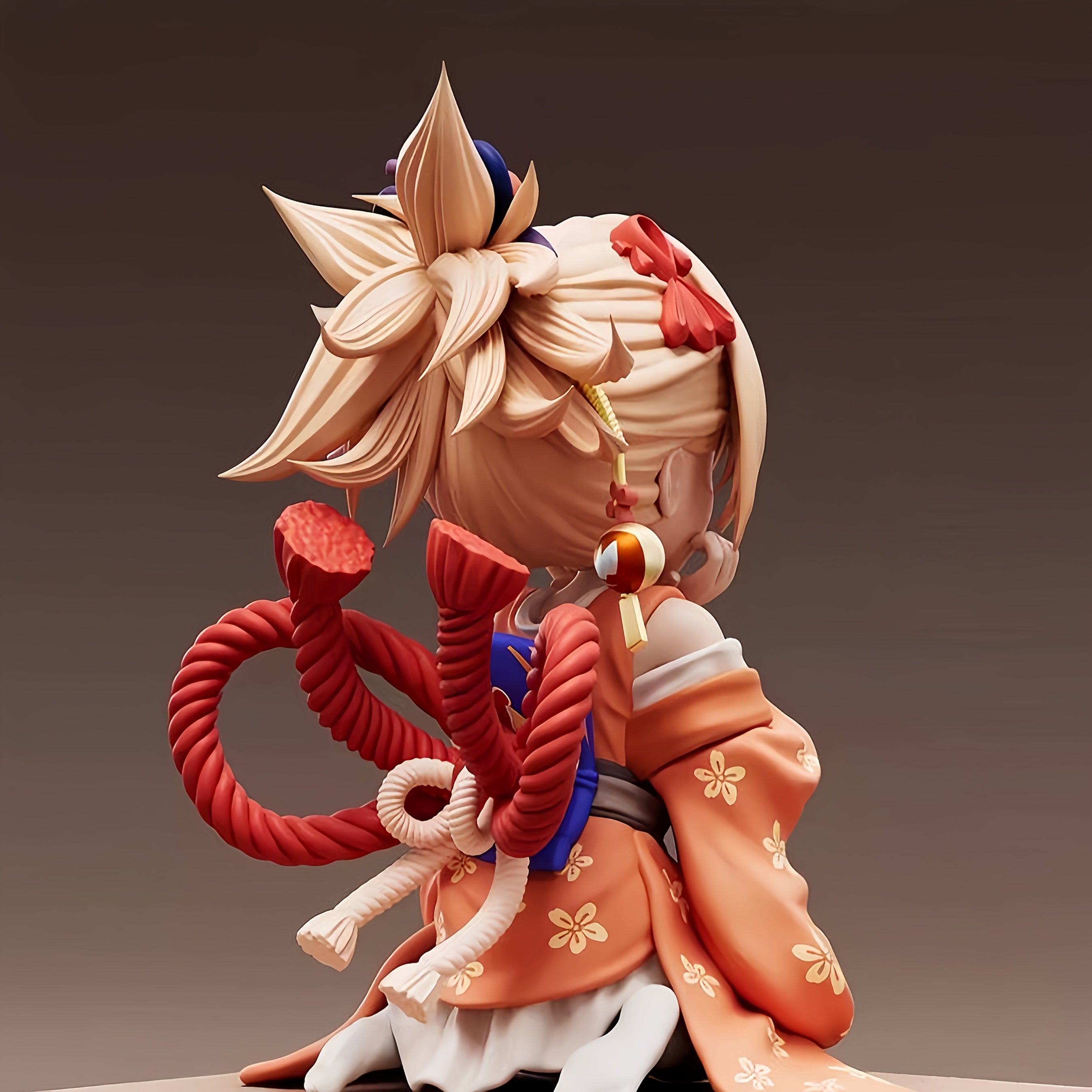 Handmade Anime Figure - Q-Version Smiling Girl in Kimono with Yellow Hair, Kneeling Pose & PVC Resin Collectible Statue Suitable for, Desktop Display, Gift for Gamers and Anime Fans