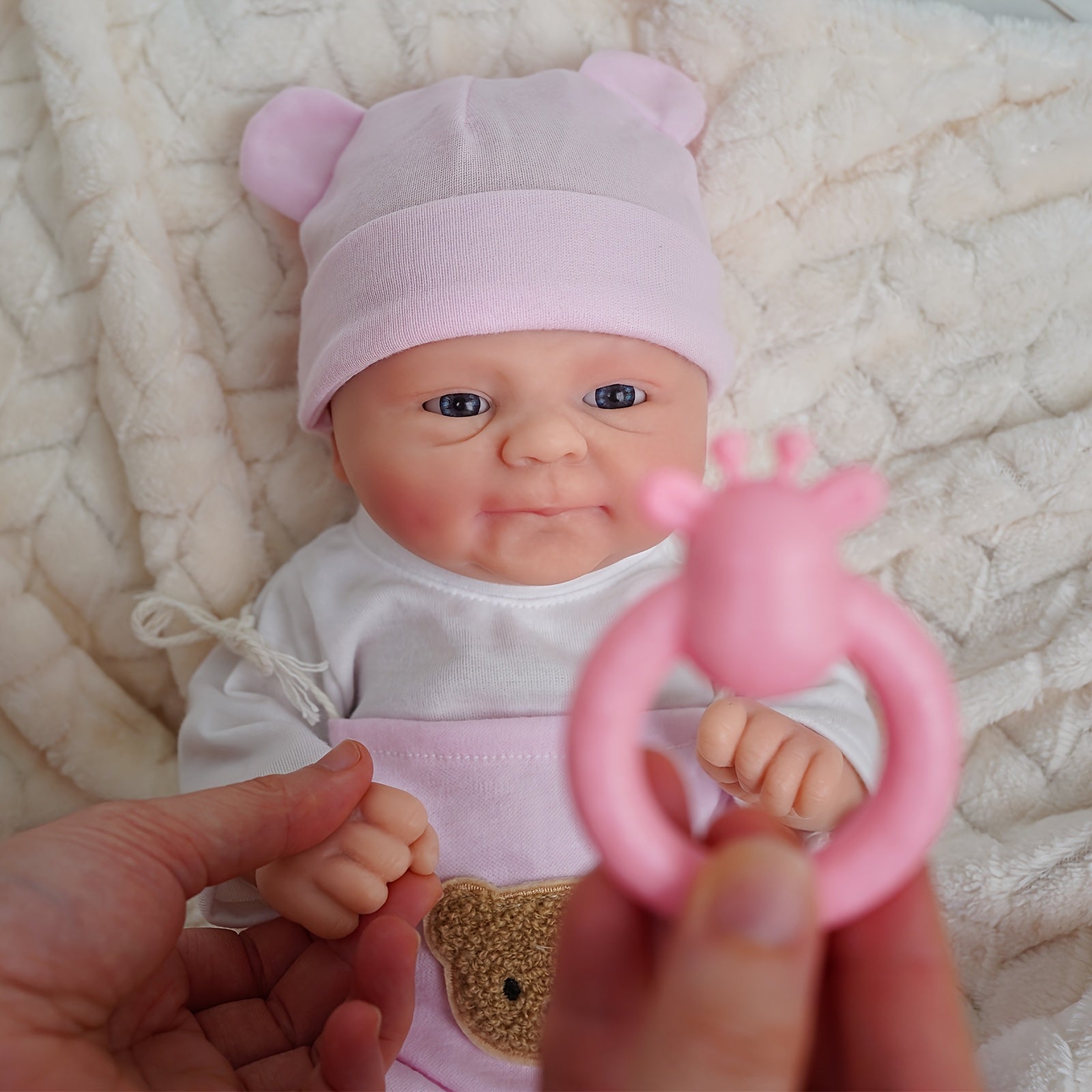 14-Inch Pink Strap Dress Cute Big-Eyed Silicone Reborn Doll for Girls, Handcrafted Painted Soft Solid Reborn Doll Companion, Suitable for Family, Children, Friends, And As a Collectible Gift